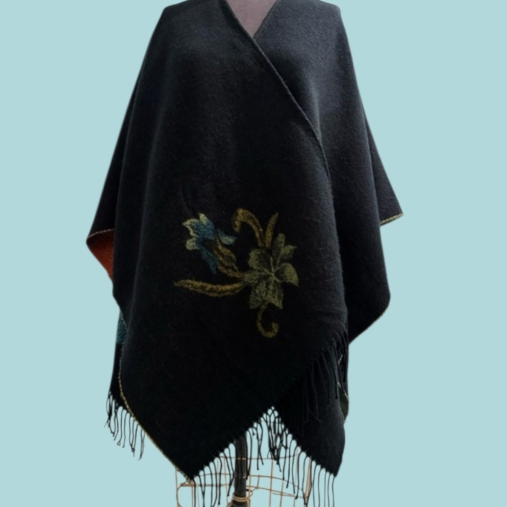 Black Shawl Wrap with Vibrant Colorful Floral | Multicolor Woven Fabric - Picture 6 of 16